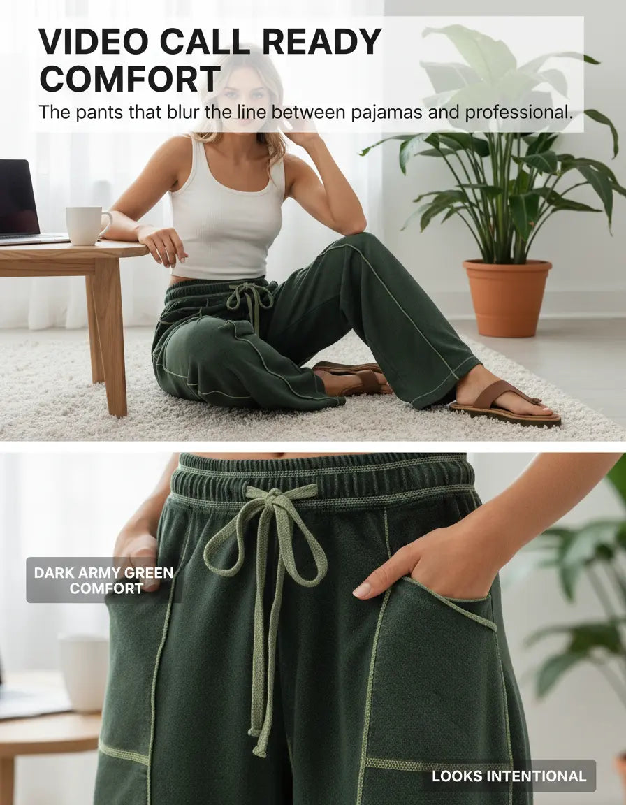 Women’s Drawstring Contrast Color Barrel Pants – Dark Army Green Barrel Pants