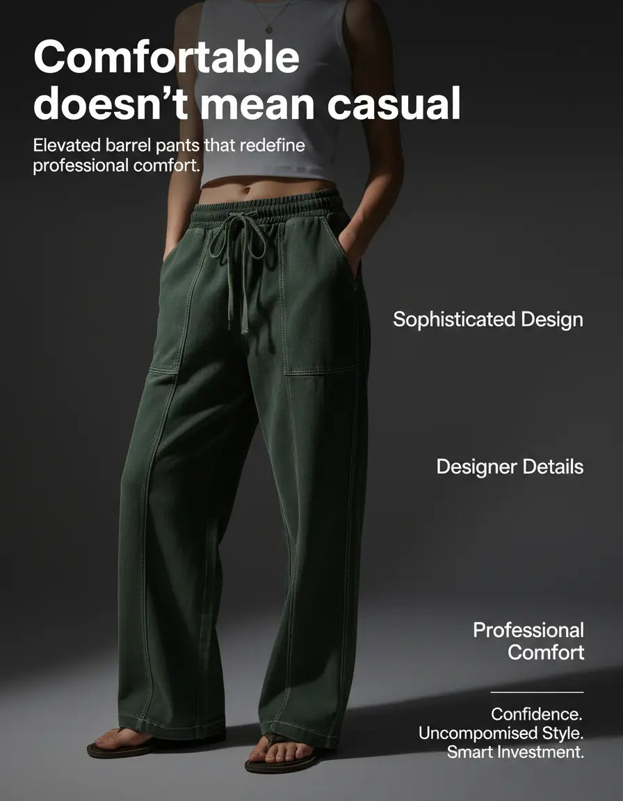 Women’s Drawstring Contrast Color Barrel Pants – Dark Army Green Barrel Pants