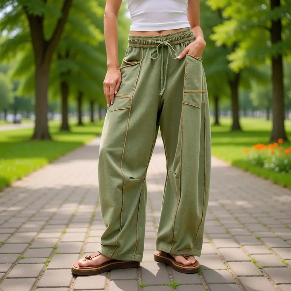 Women’s Drawstring Contrast Color Barrel Pants – Light Army Green Barrel Pants