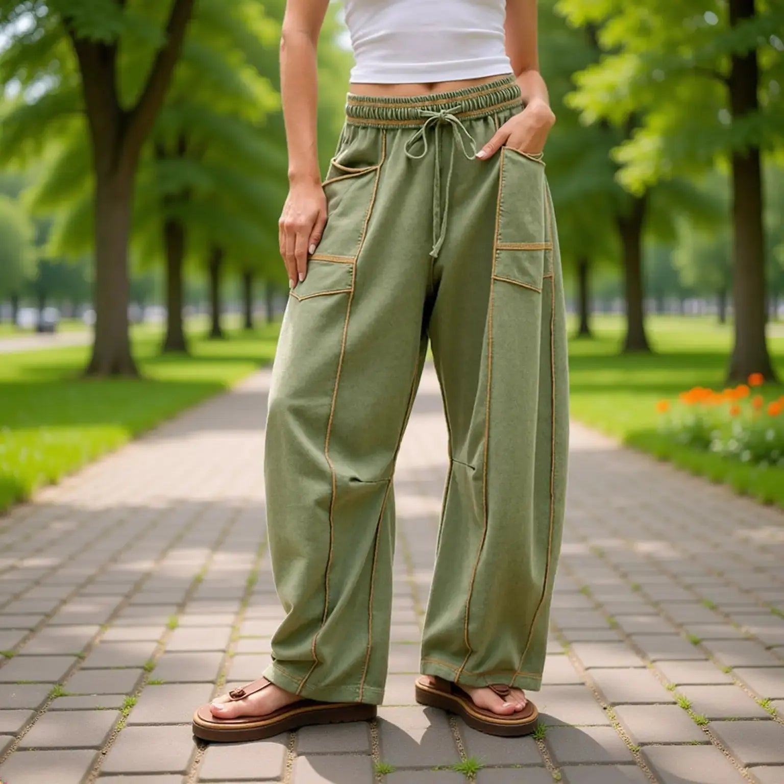 Women’s Drawstring Contrast Color Barrel Pants – Light Army Green Barrel Pants