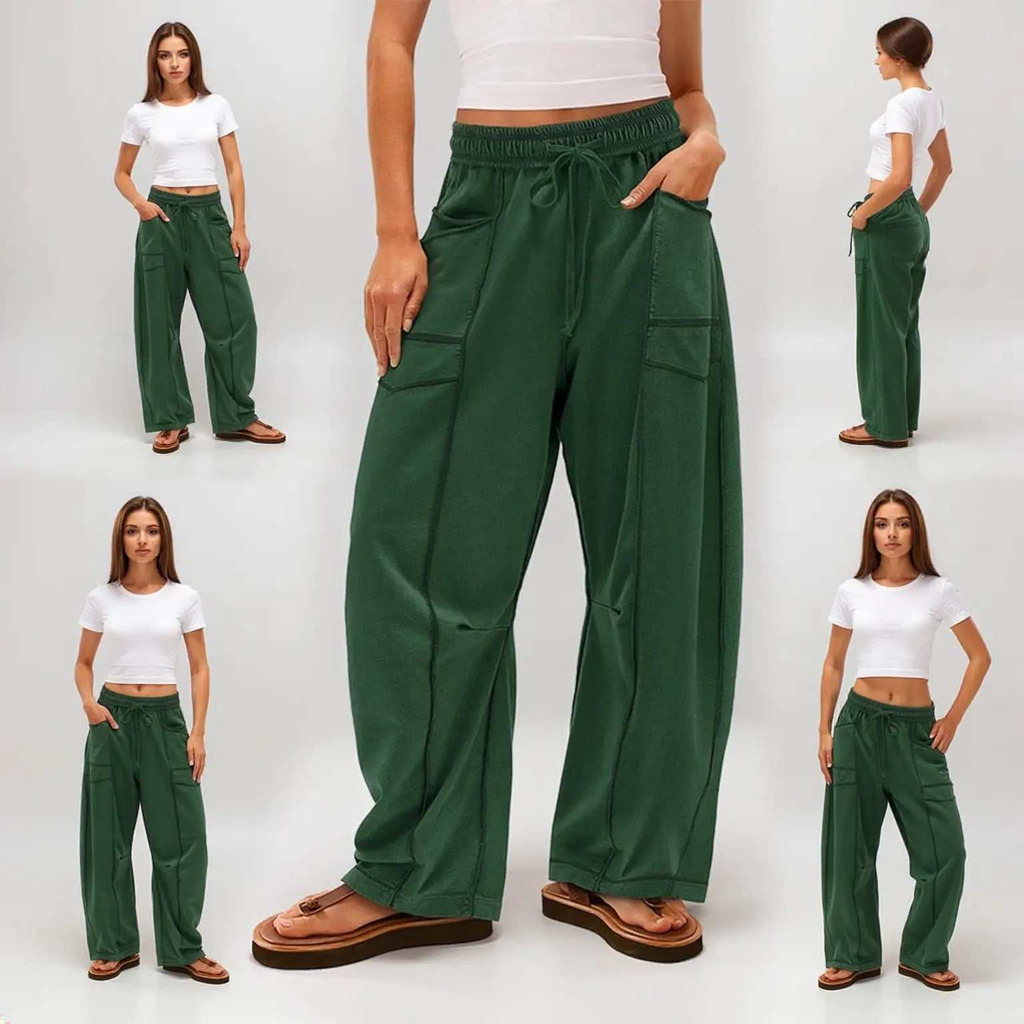 Barrel Pants Womens Drawstring Contrast Color Dark Green