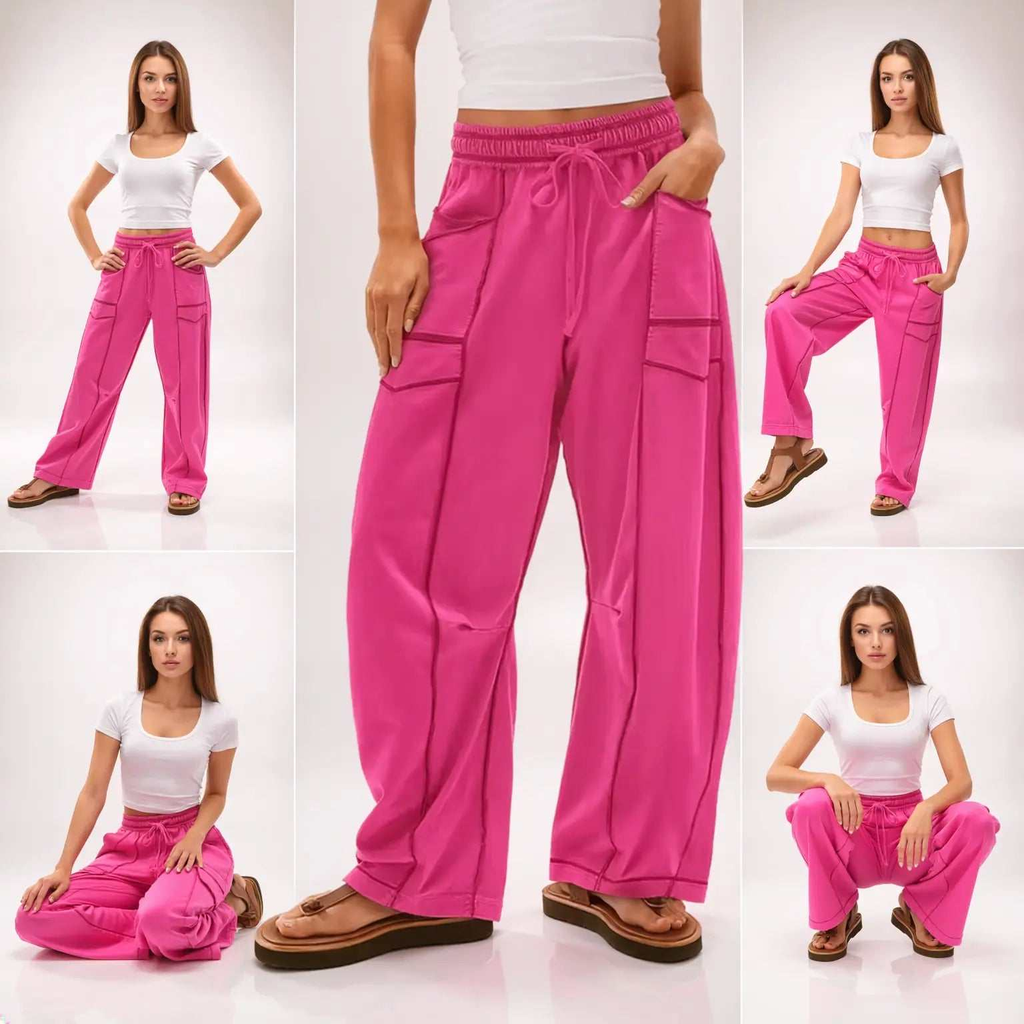 Barrel Pants Womens Drawstring Contrast Color Barrel Pants Dark Pink
