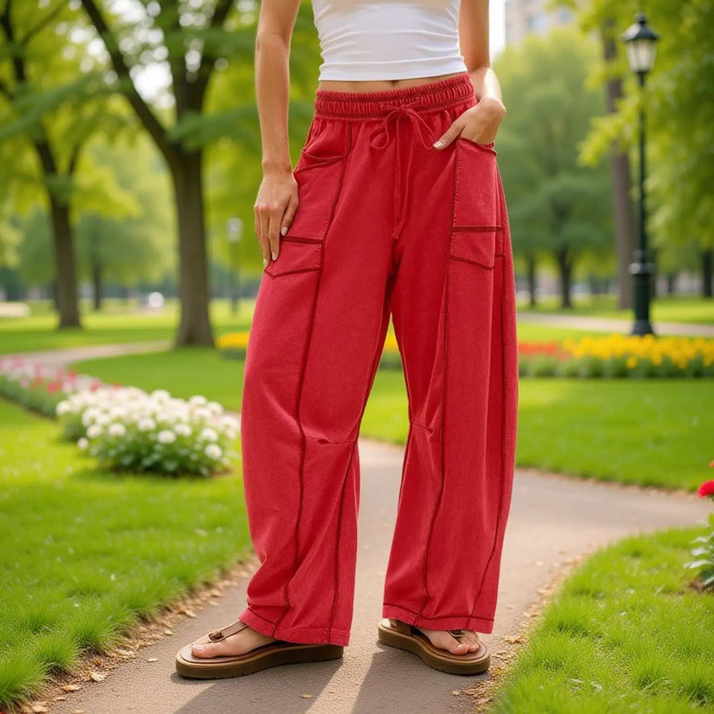 Barrel Pants Womens Drawstring Contrast Color Barrel Pants Red
