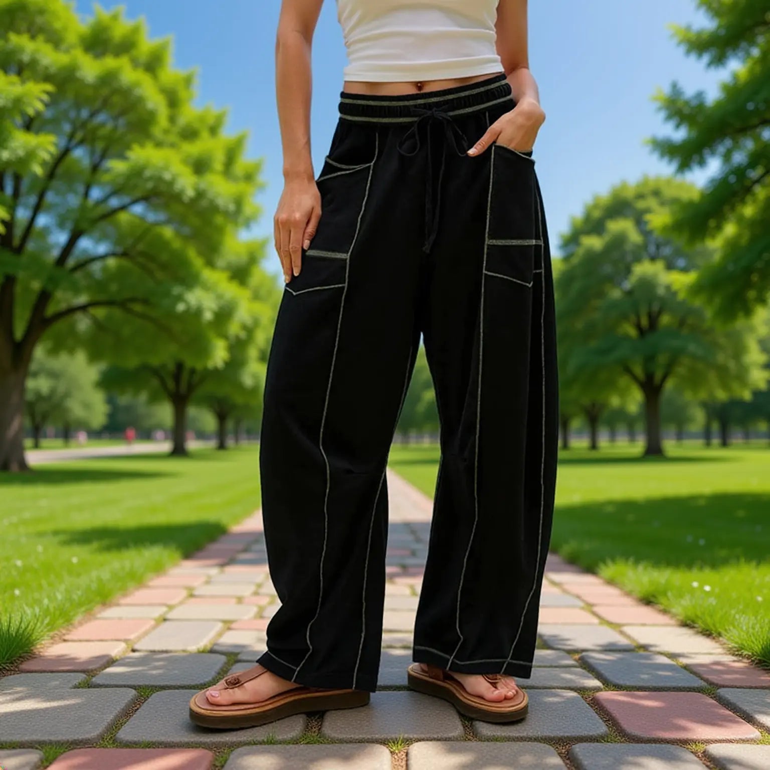 Women’s Drawstring Contrast Color Barrel Pants – Black My Store