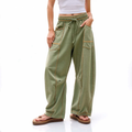 Women’s Drawstring Contrast Color Barrel Pants – Light Army Green Barrel Pants