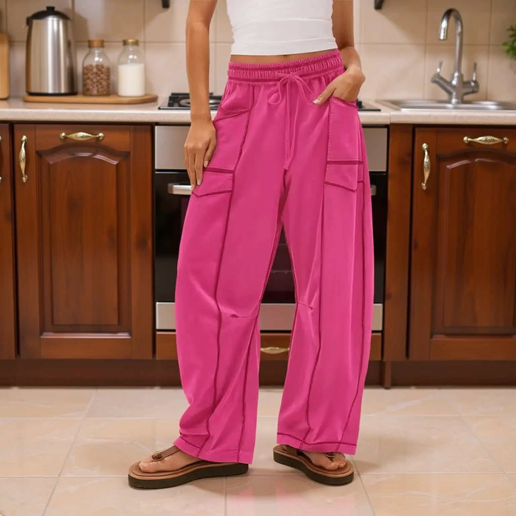 Barrel Pants Womens Drawstring Contrast Color Barrel Pants Dark Pink