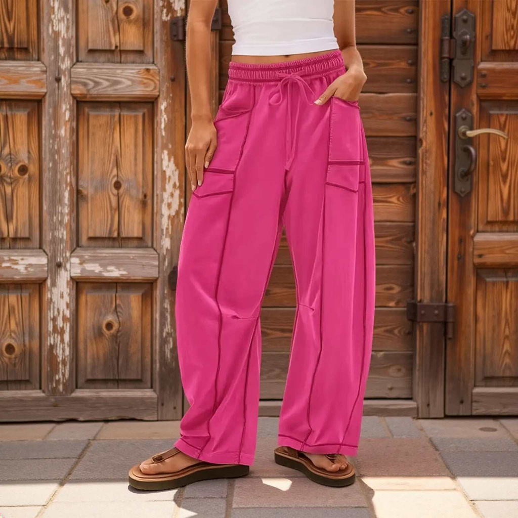 Barrel Pants Womens Drawstring Contrast Color Barrel Pants Dark Pink