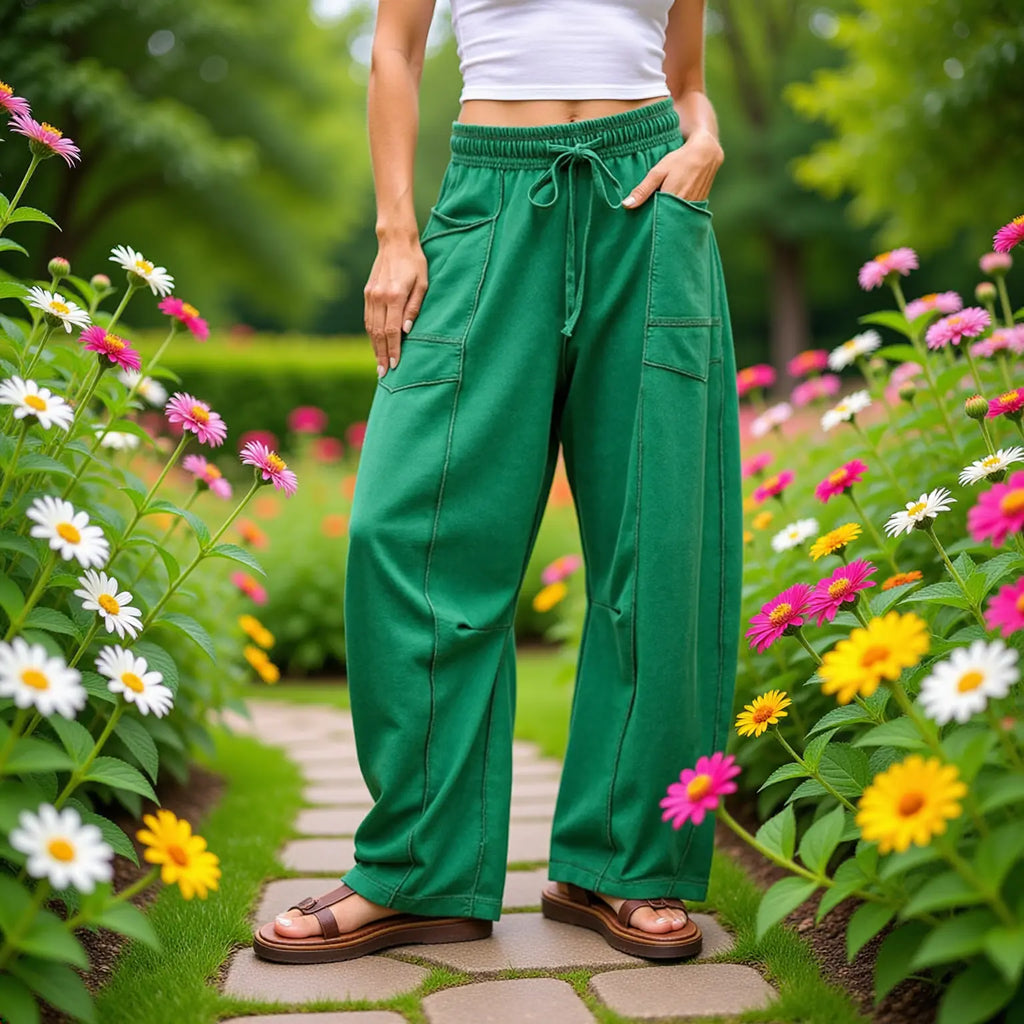Women’s Drawstring Contrast Color Barrel Pants – Green Barrel Pants