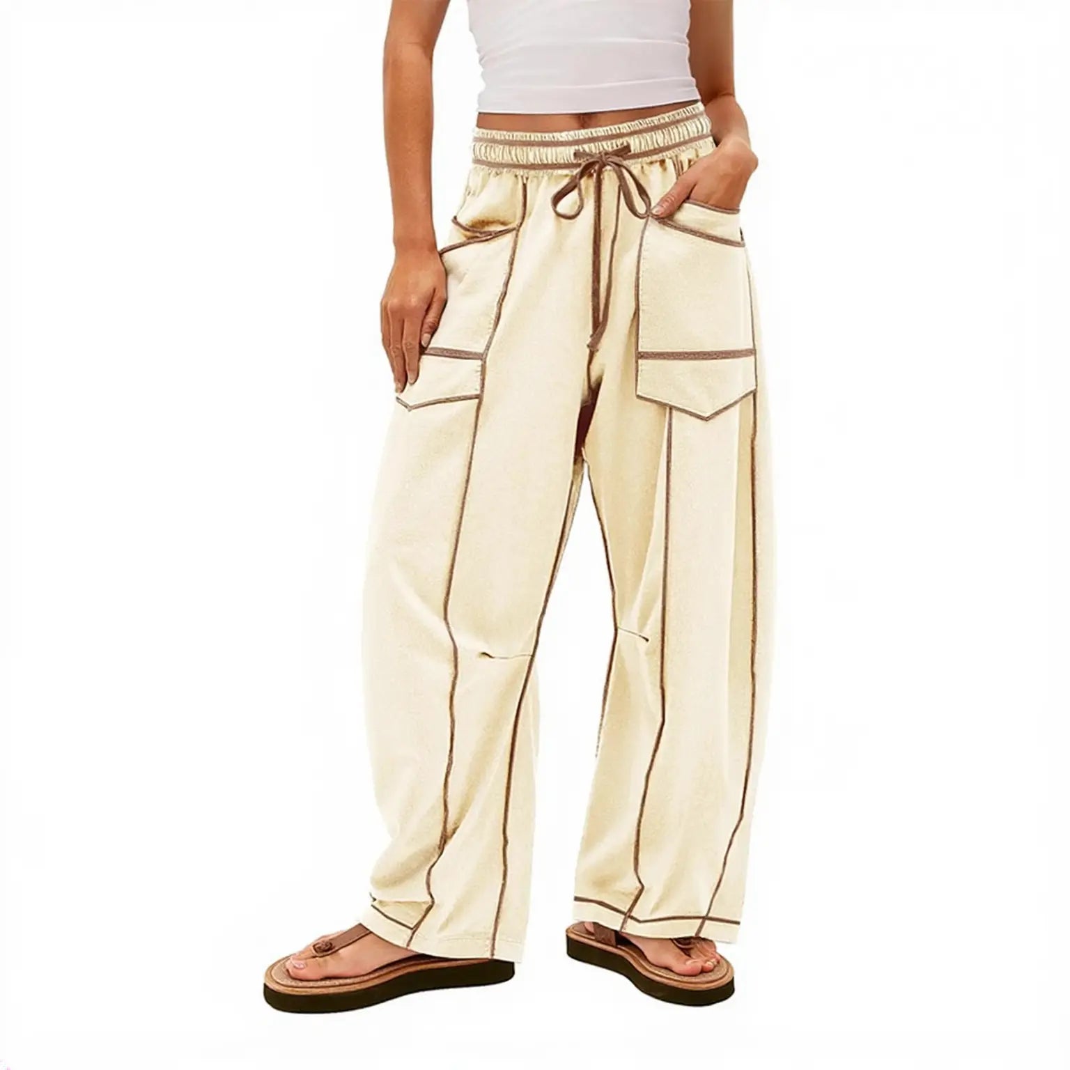 Women’s Drawstring Contrast Color Barrel Pants – Creamy White My Store