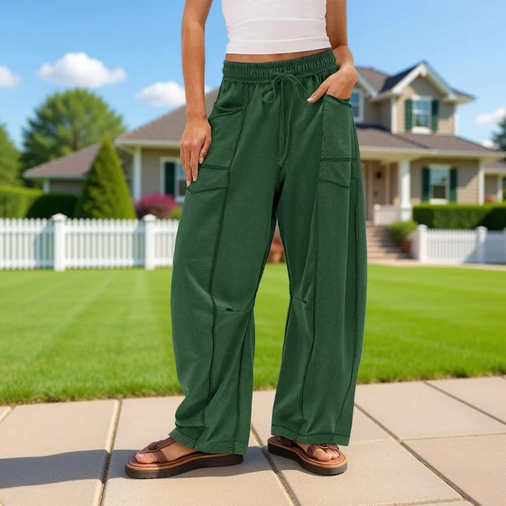 Barrel Pants Womens Drawstring Contrast Color Dark Green