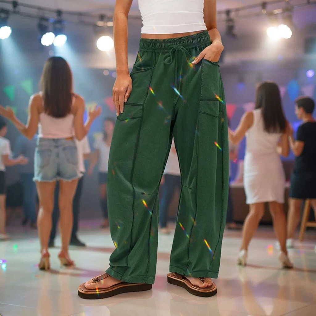 Barrel Pants Womens Drawstring Contrast Color Dark Green