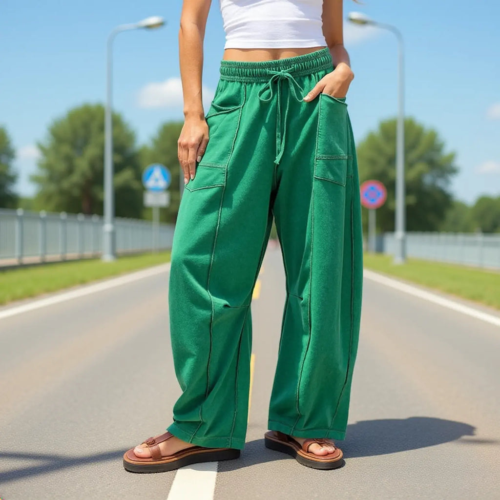 Women’s Drawstring Contrast Color Barrel Pants – Green Barrel Pants