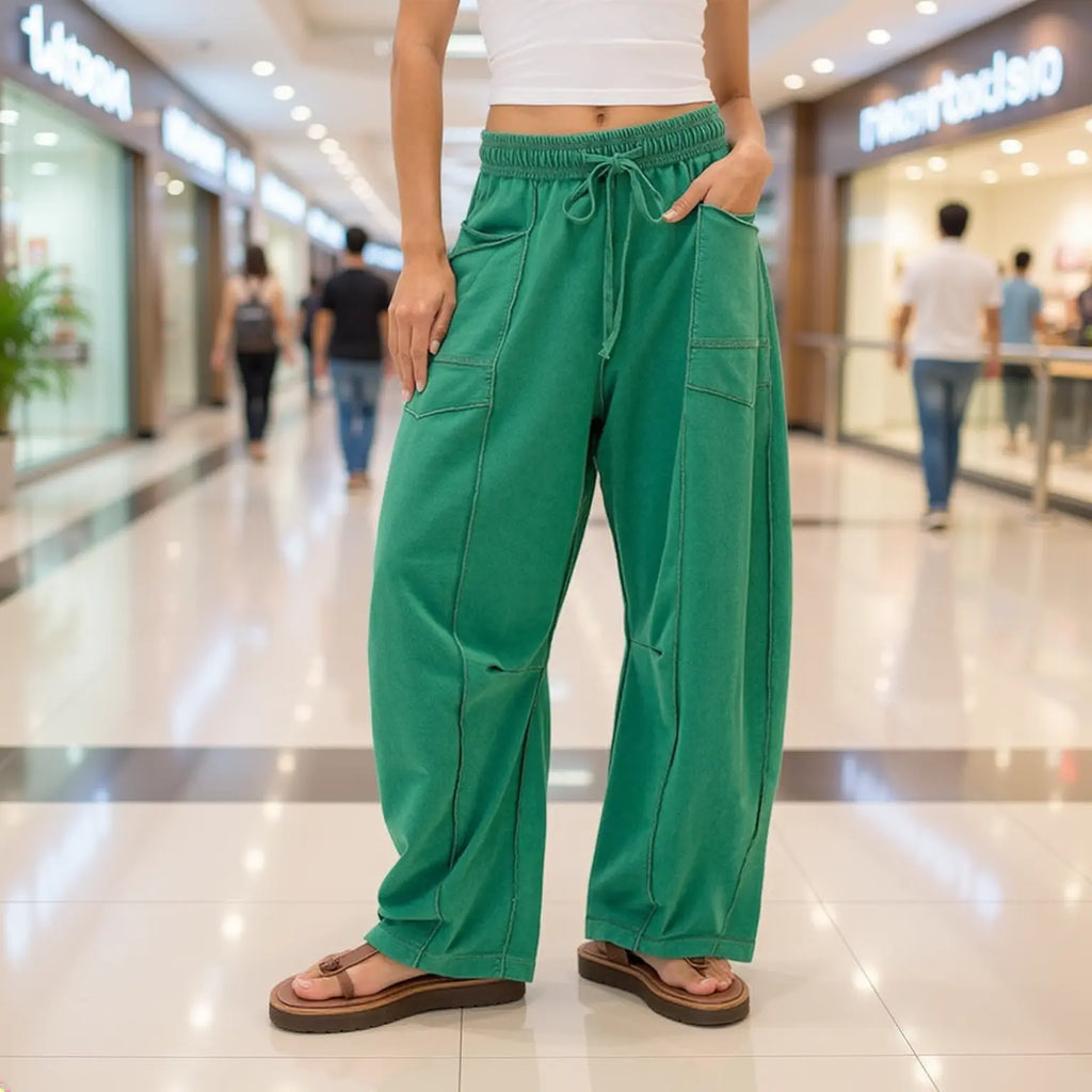Women’s Drawstring Contrast Color Barrel Pants – Green Barrel Pants