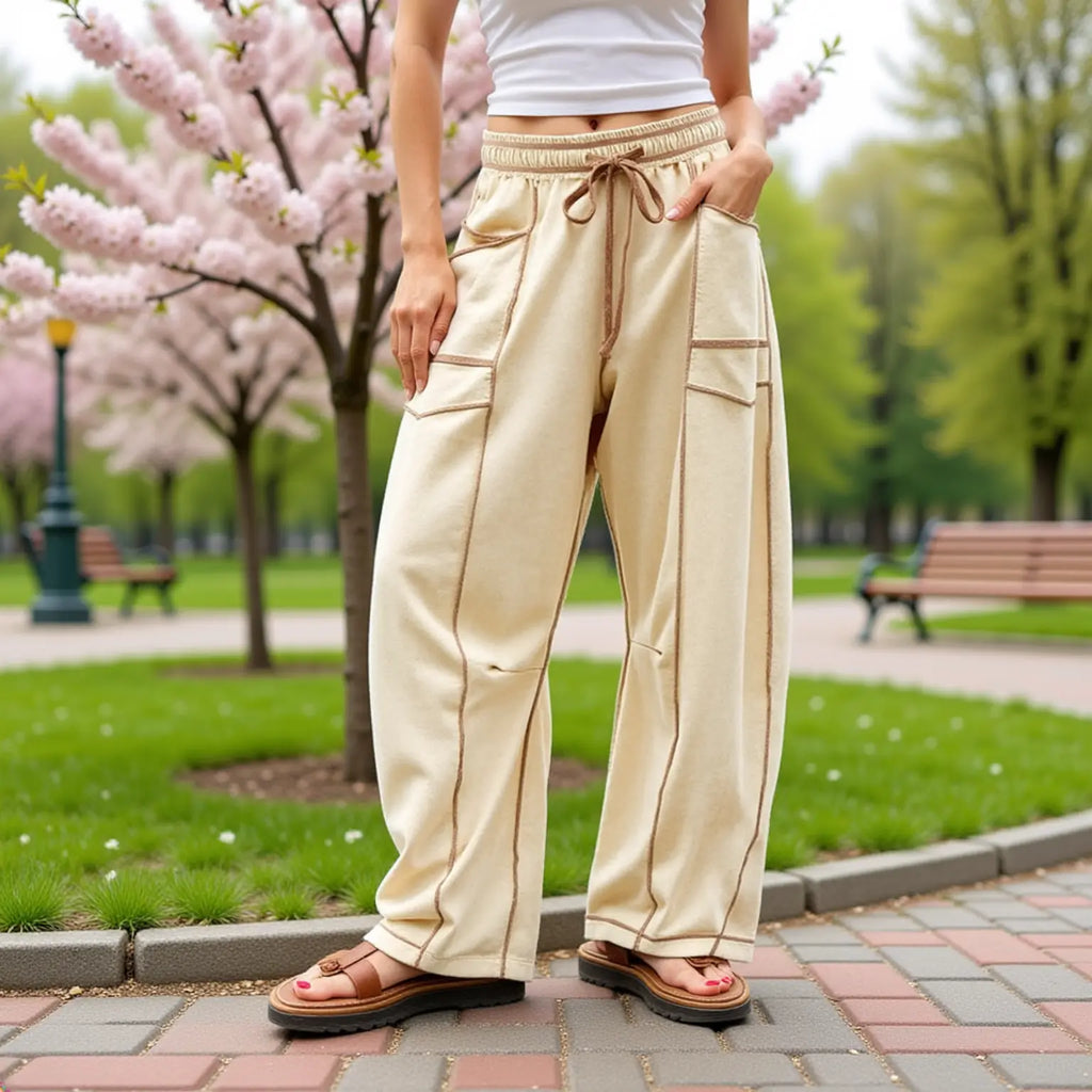 Women’s Drawstring Contrast Color Barrel Pants – Creamy White My Store