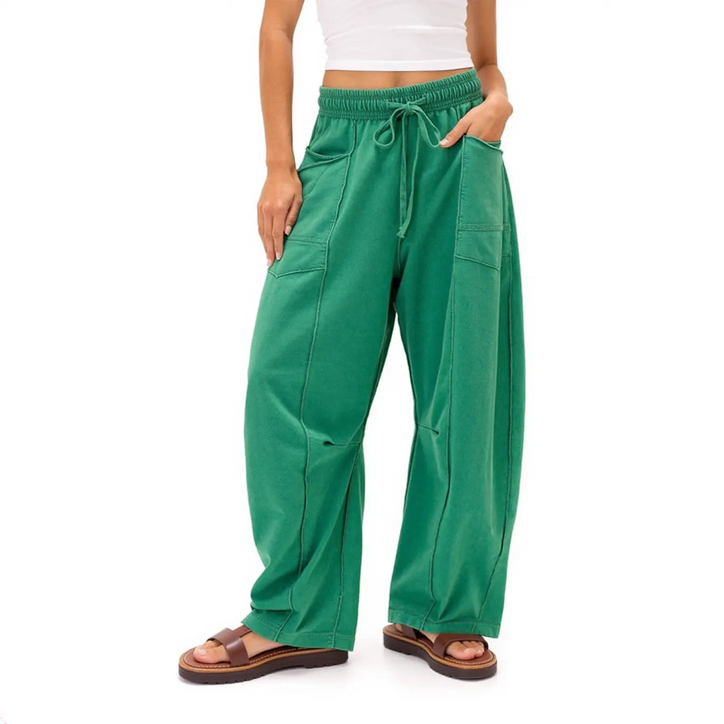 Women’s Drawstring Contrast Color Barrel Pants – Green Barrel Pants