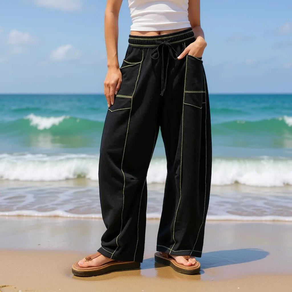 Barrel Pants Womens Drawstring Contrast Color Barrel Pants Black