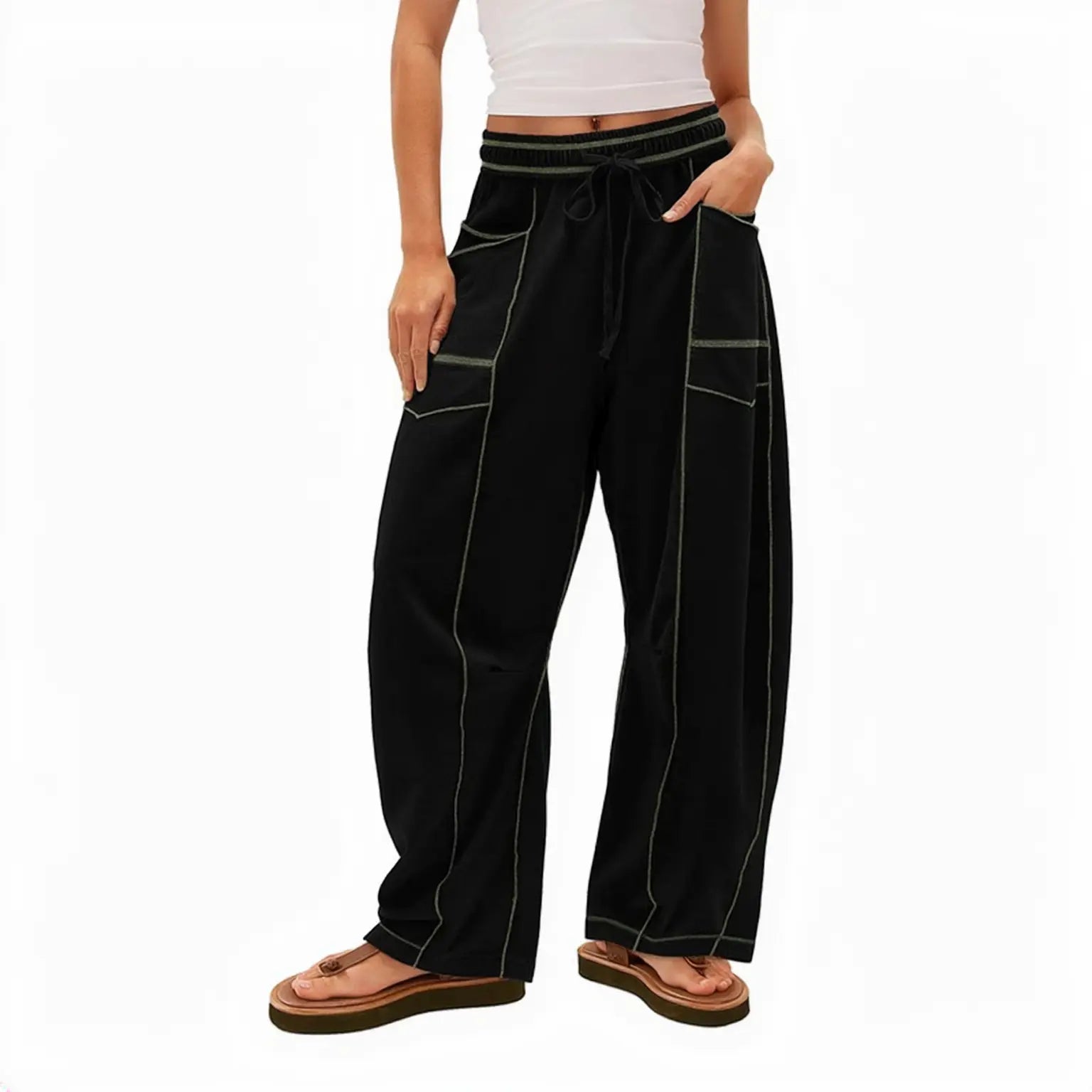 Women’s Drawstring Contrast Color Barrel Pants – Black My Store