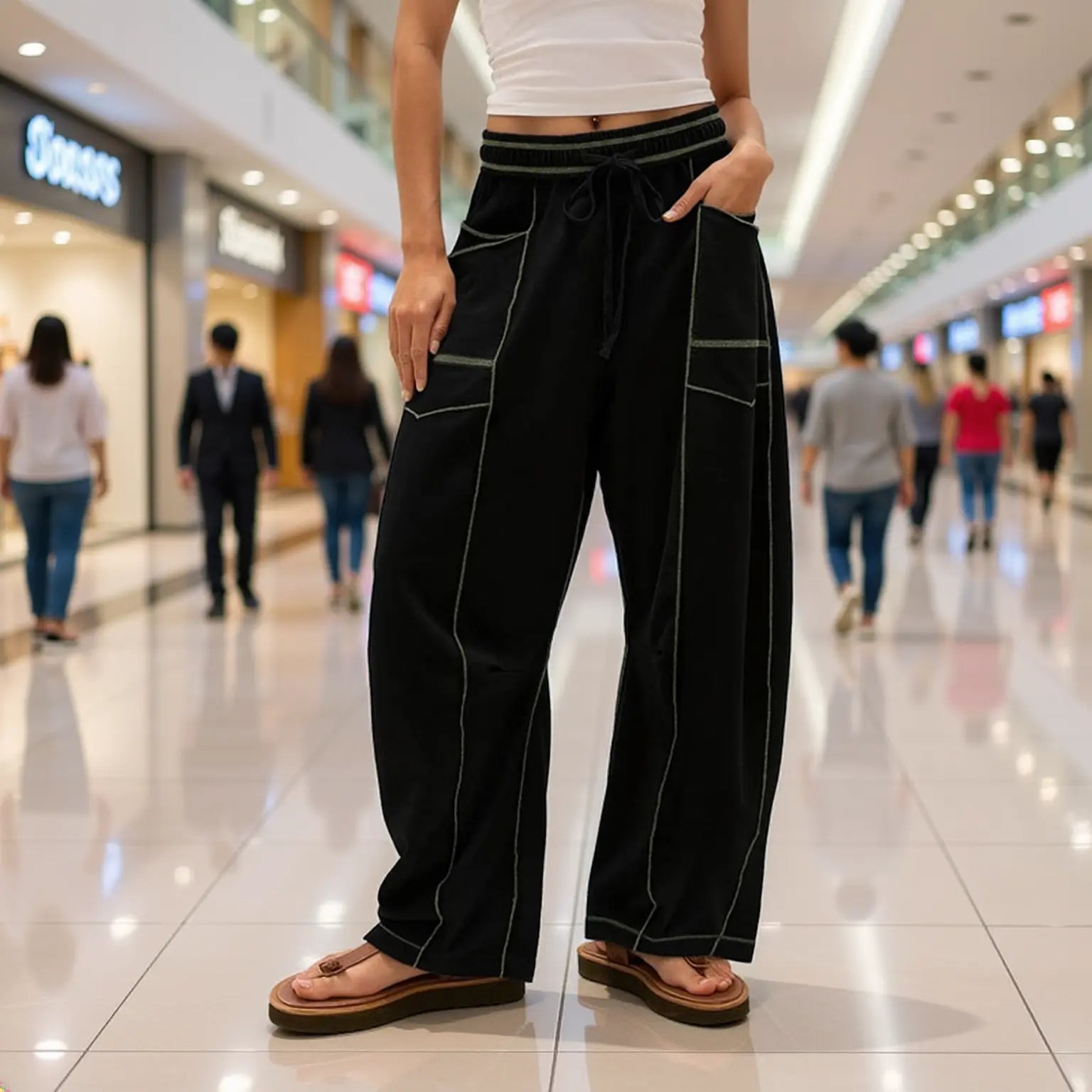 Women’s Drawstring Contrast Color Barrel Pants – Black My Store