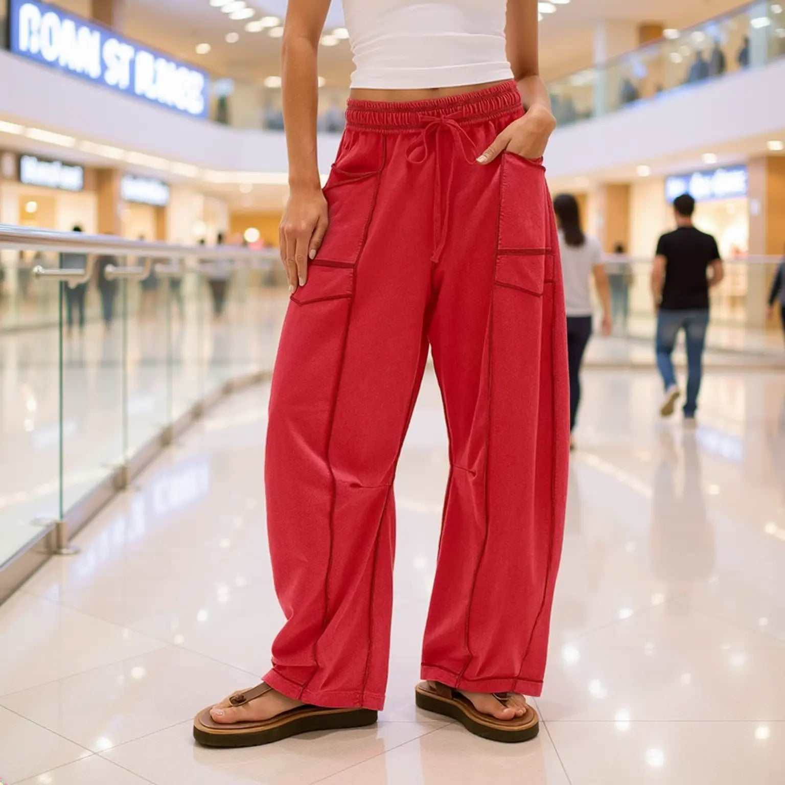 Barrel Pants Womens Drawstring Contrast Color Barrel Pants Red