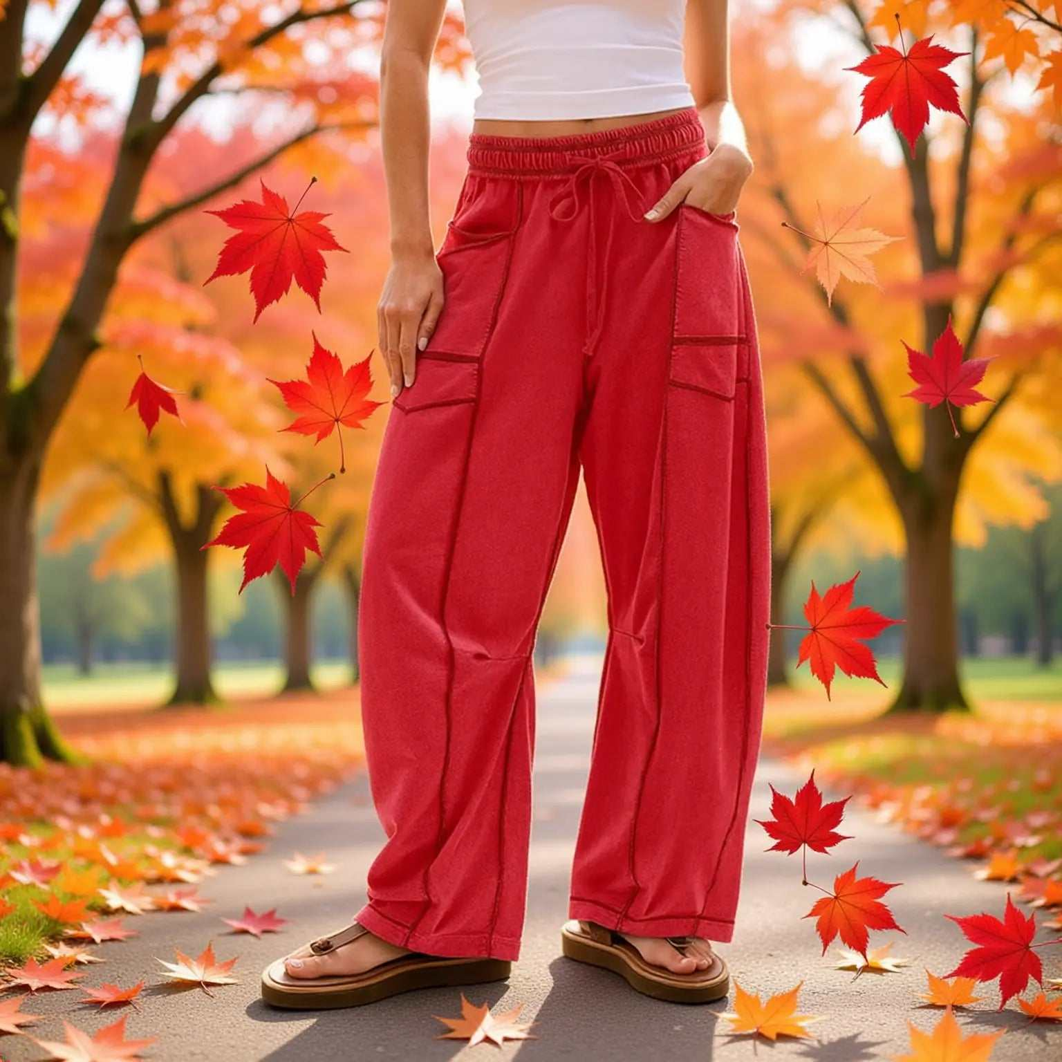 Barrel Pants Womens Drawstring Contrast Color Barrel Pants Red