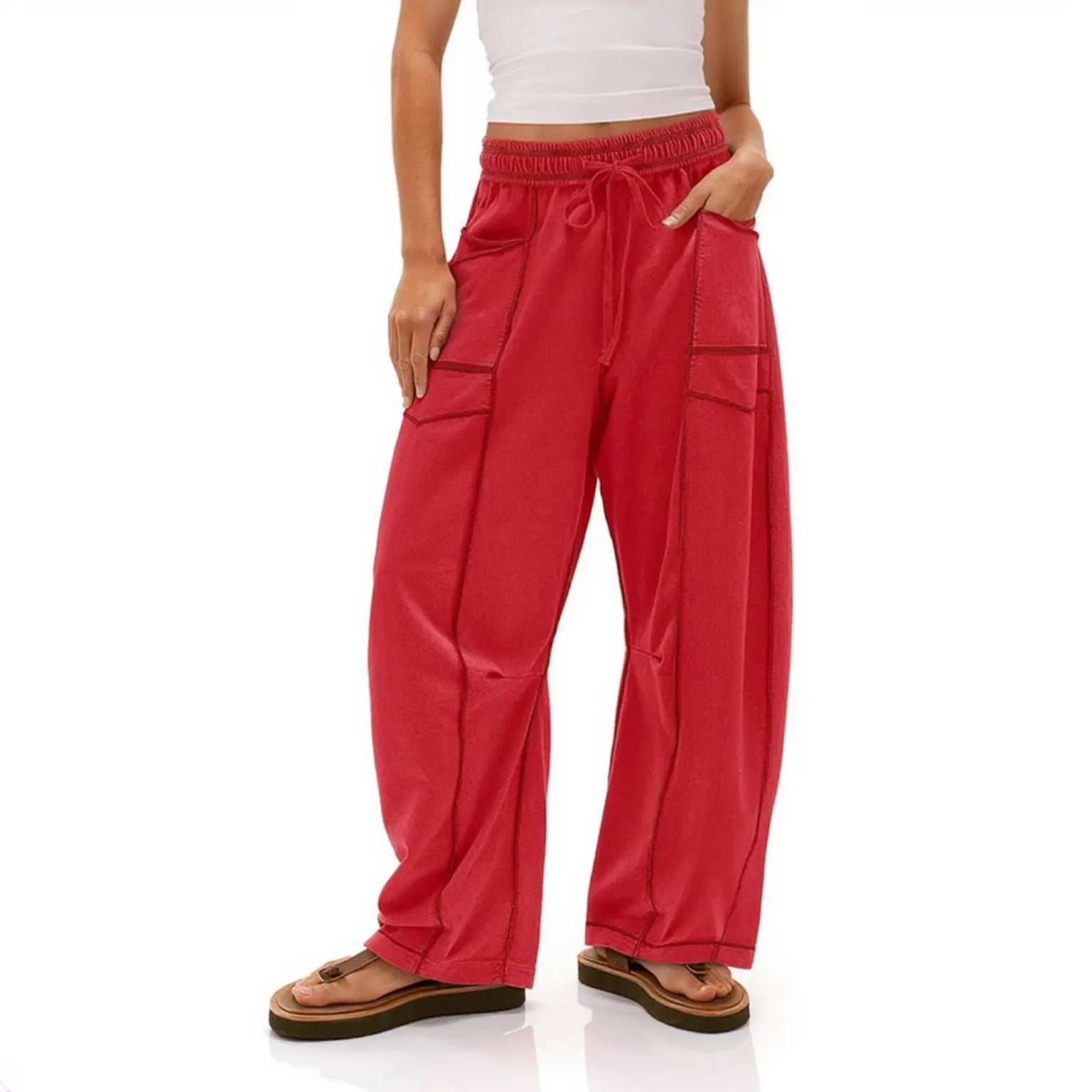 Barrel Pants Womens Drawstring Contrast Color Barrel Pants Red