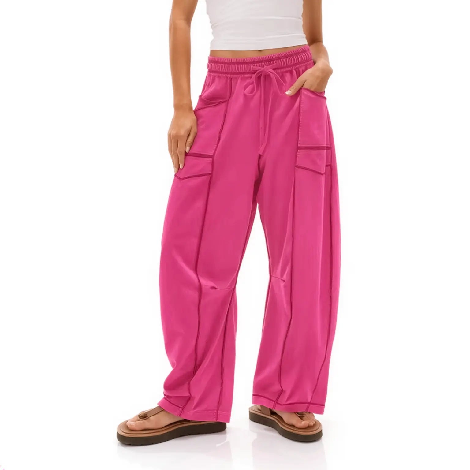 Women’s Drawstring Contrast Color Barrel Pants – Dark Pink Barrel Pants