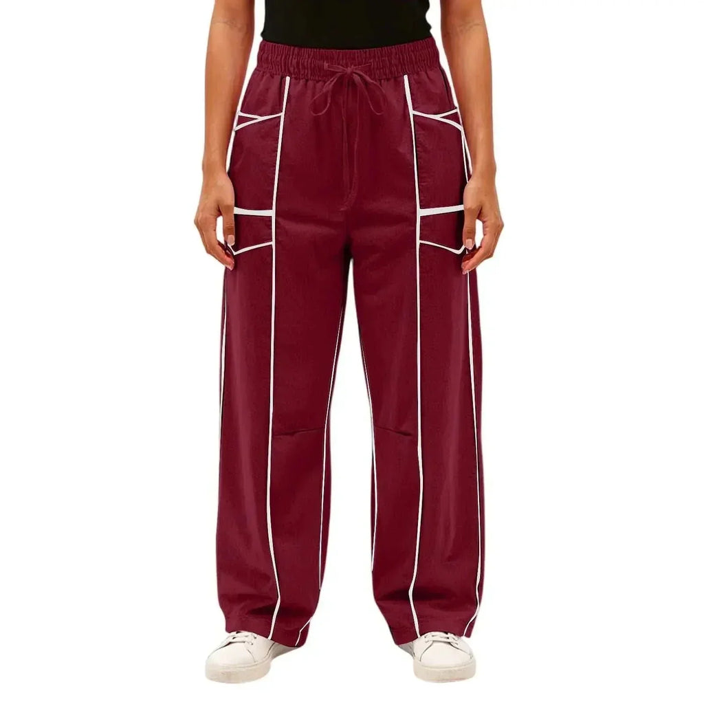 Barrel Pants - Women s Drawstring Contrast Color - Wine