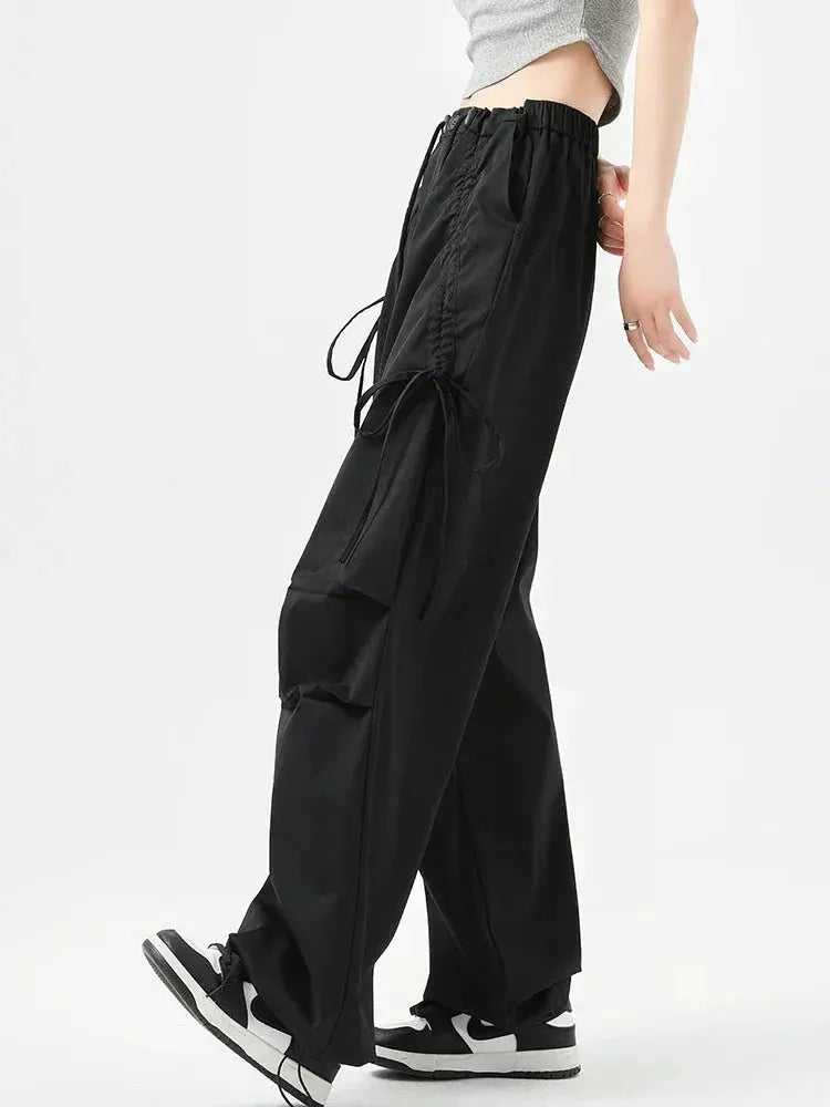 Women’s Korean Streetwear Cargo Barrel Pants – High Waist Wide Leg Drawstring - Black Barrel Pants