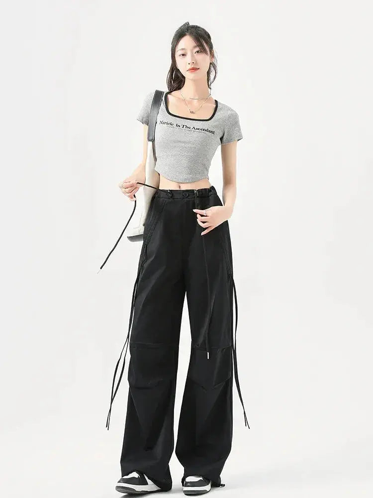 Women’s Korean Streetwear Cargo Barrel Pants – High Waist Wide Leg Drawstring - Black Barrel Pants