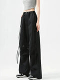 Women’s Korean Streetwear Cargo Barrel Pants – High Waist Wide Leg Drawstring - Black Barrel Pants