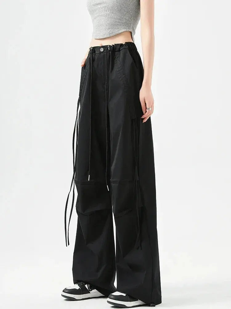 Women’s Korean Streetwear Cargo Barrel Pants – High Waist Wide Leg Drawstring - Black Barrel Pants
