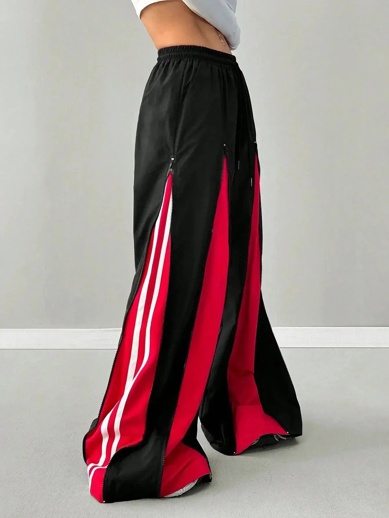 Women’s Streetwear Barrel Pants – Color Block Zipper Design, Harajuku Hip-Hop Loose Fit Barrel Pants