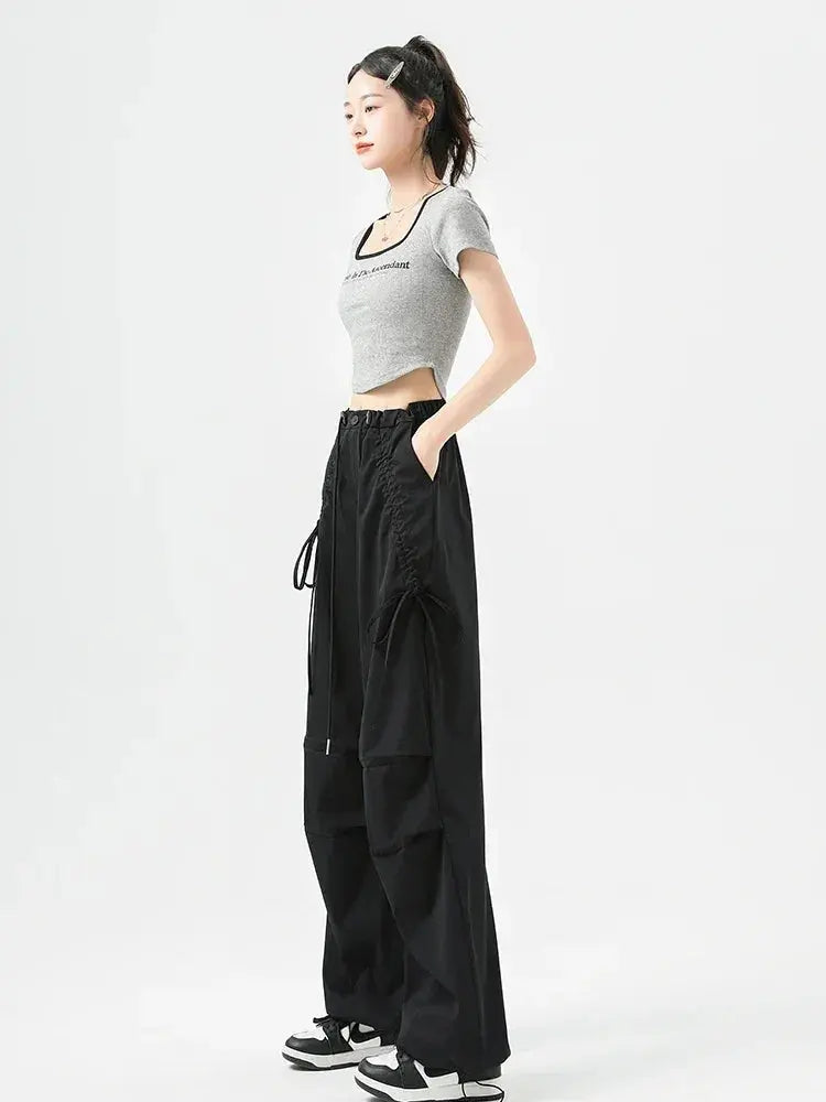 Women’s Korean Streetwear Cargo Barrel Pants – High Waist Wide Leg Drawstring - Black Barrel Pants