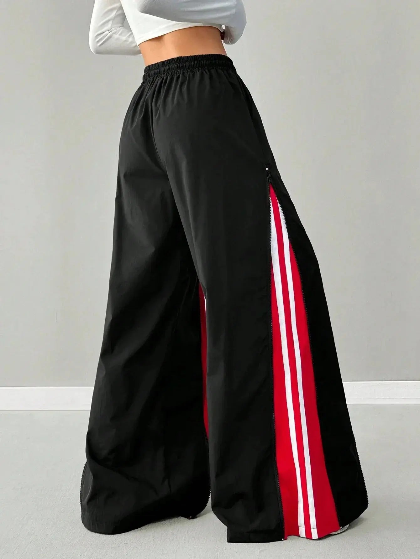 Women’s Streetwear Barrel Pants – Color Block Zipper Design, Harajuku Hip-Hop Loose Fit Barrel Pants