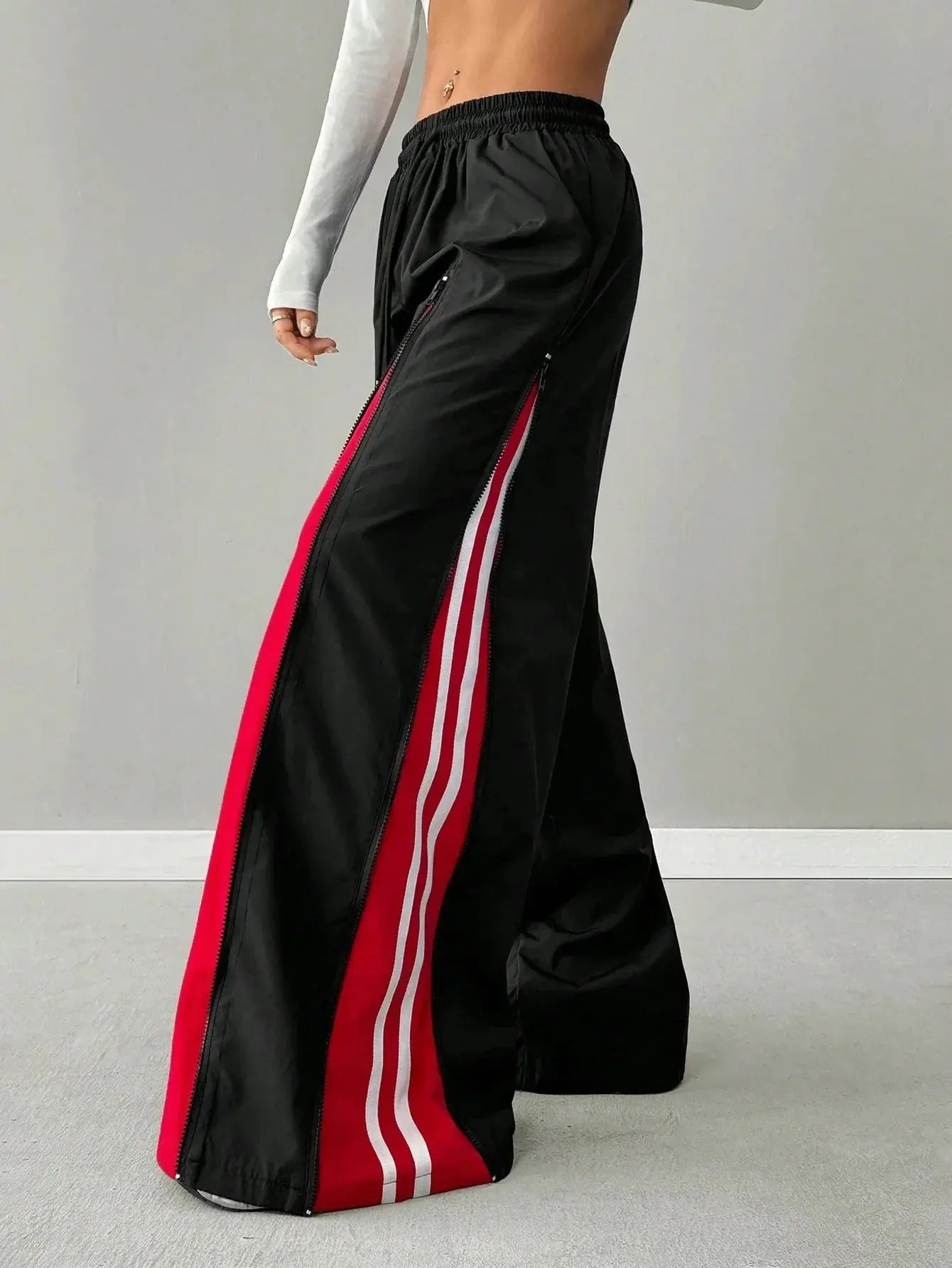 Women’s Streetwear Barrel Pants – Color Block Zipper Design, Harajuku Hip-Hop Loose Fit Barrel Pants