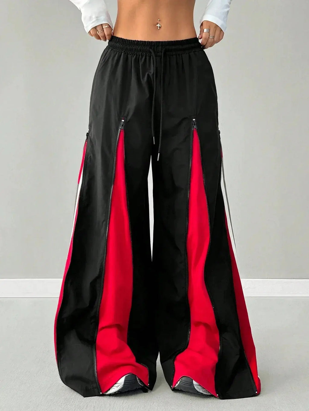 Women’s Streetwear Barrel Pants – Color Block Zipper Design, Harajuku Hip-Hop Loose Fit Barrel Pants