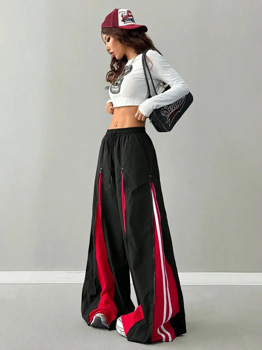 Women’s Streetwear Barrel Pants – Color Block Zipper Design, Harajuku Hip-Hop Loose Fit Barrel Pants