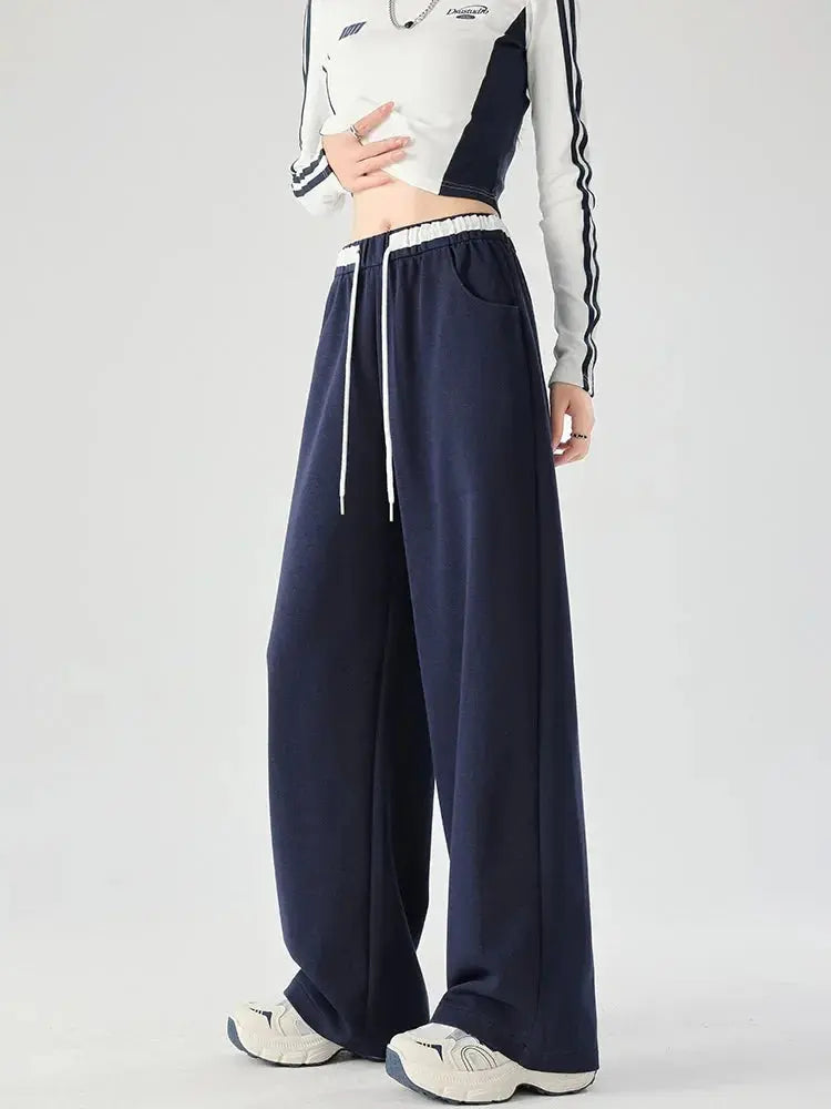 Women’s High-Waisted Barrel Pants – Wide Leg Straight Fit  Minimalist Drawstring Sweatpants for Autumn Winter - Blue Barrel Pants