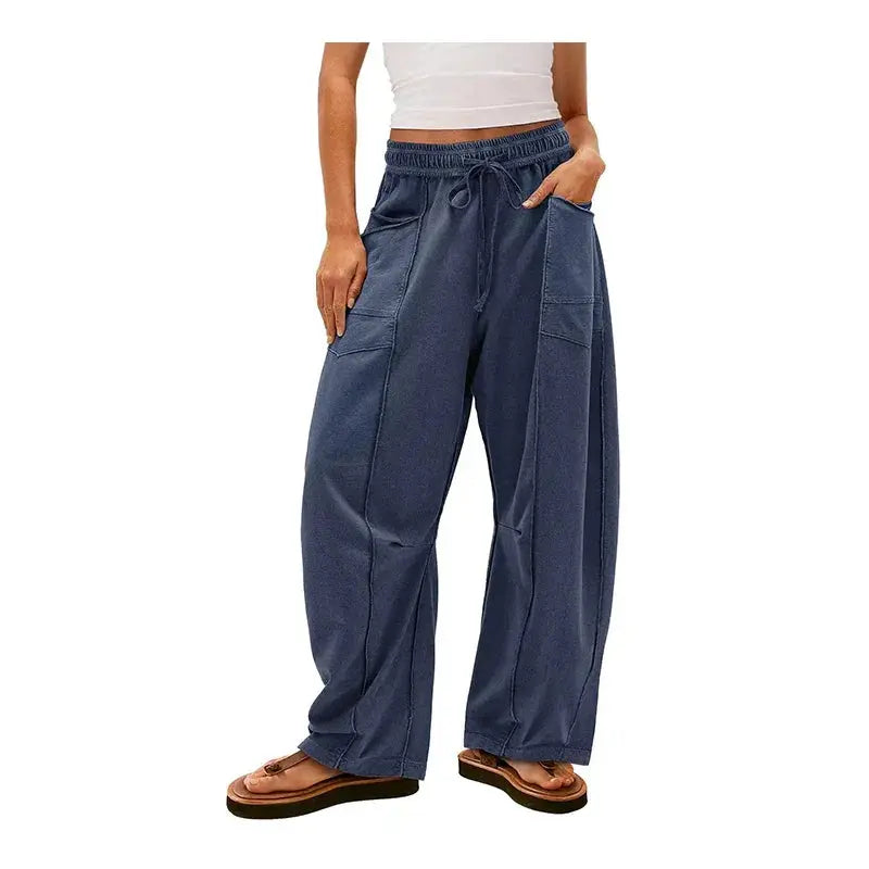 Women’s Drawstring Contrast Color Barrel Pants – Dark Blue My Store