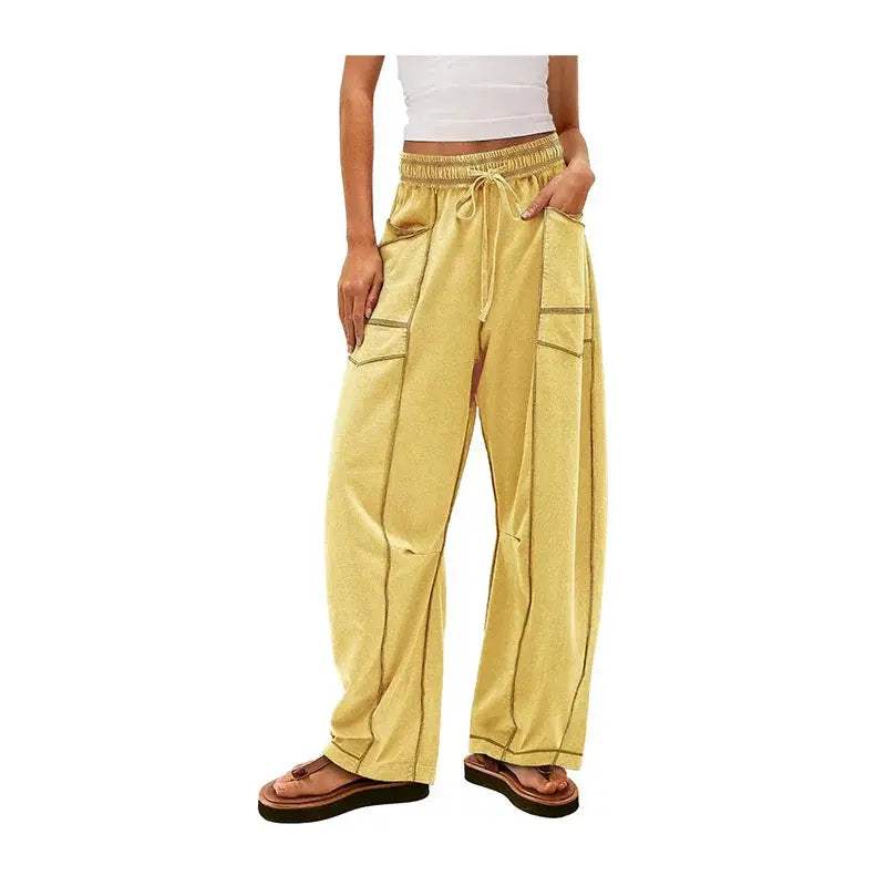 Barrel Pants Womens Drawstring Contrast Color Barrel Pants Yellow