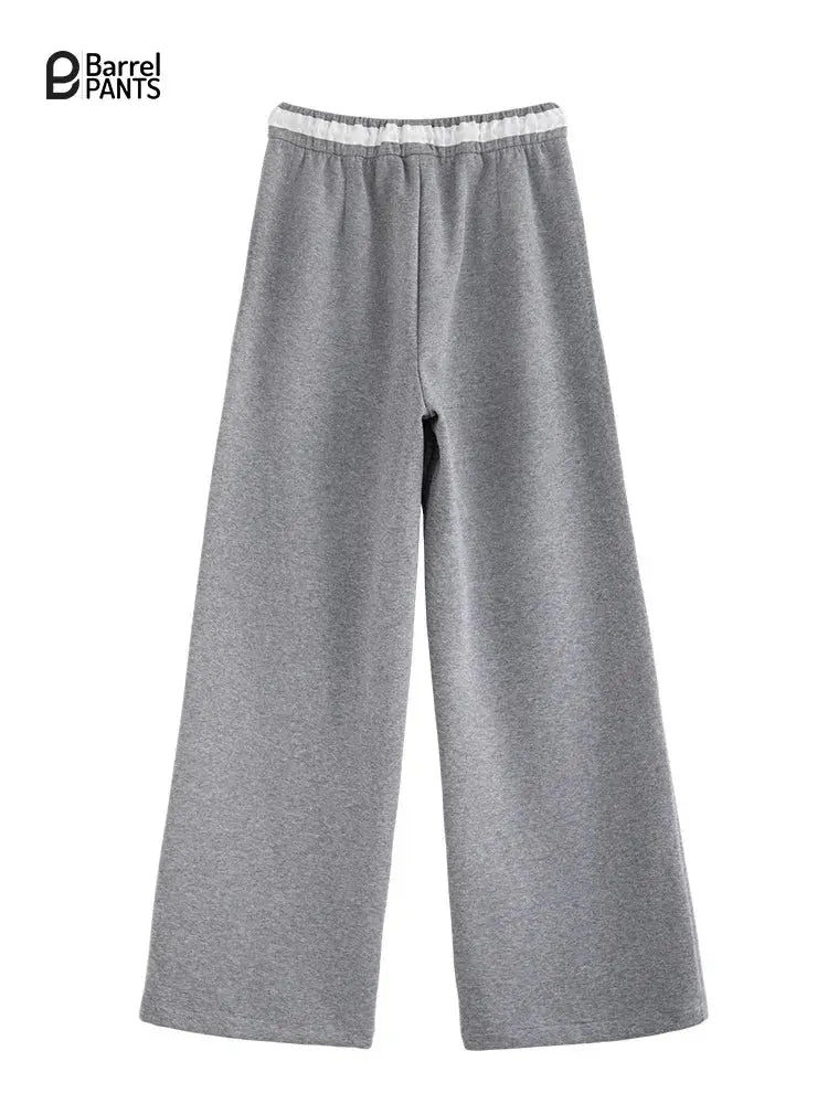 Women’s High-Waisted Barrel Pants – Wide Leg Straight Fit  Minimalist Drawstring Sweatpants for Autumn Winter - Gray Barrel Pants