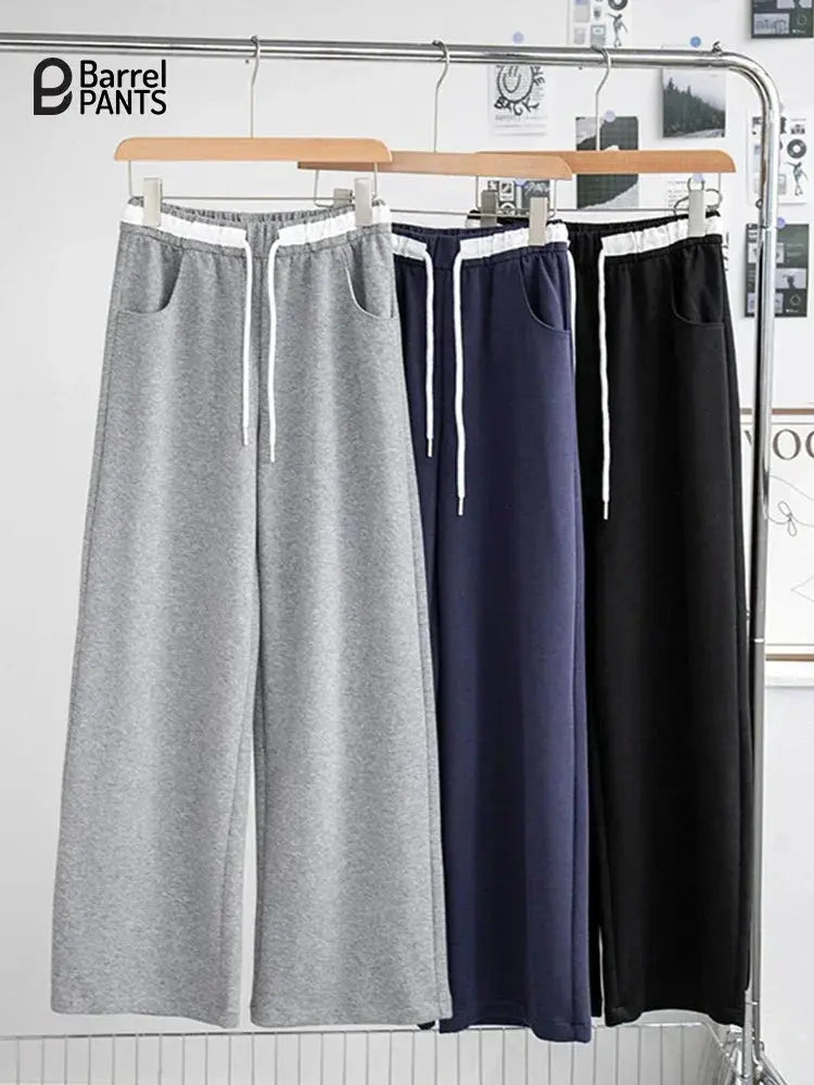 Women’s High-Waisted Barrel Pants – Wide Leg Straight Fit  Minimalist Drawstring Sweatpants for Autumn Winter - Black Barrel Pants