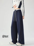 Women’s High-Waisted Barrel Pants – Wide Leg Straight Fit  Minimalist Drawstring Sweatpants for Autumn Winter - Blue Barrel Pants