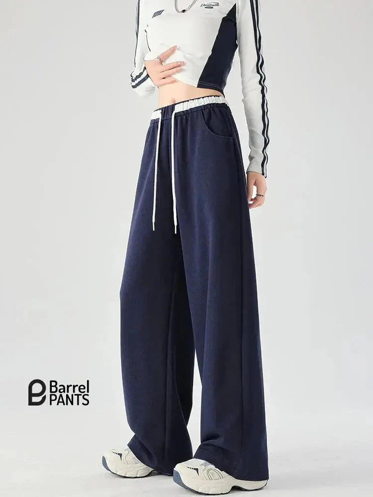 Women’s High-Waisted Barrel Pants – Wide Leg Straight Fit  Minimalist Drawstring Sweatpants for Autumn Winter - Blue Barrel Pants