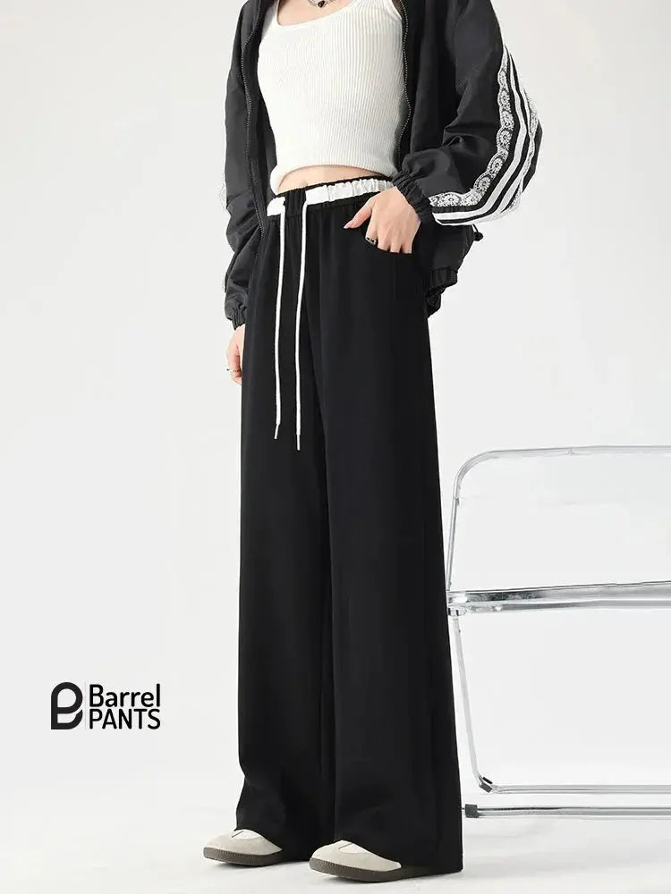Women’s High-Waisted Barrel Pants – Wide Leg Straight Fit  Minimalist Drawstring Sweatpants for Autumn Winter - Black Barrel Pants
