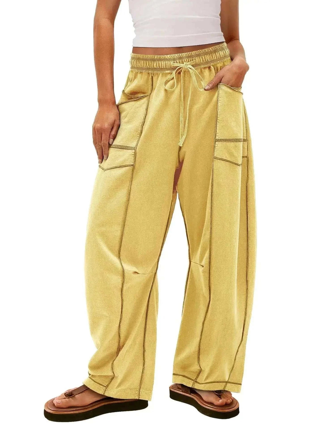 Barrel Pants Womens Drawstring Contrast Color Barrel Pants Yellow