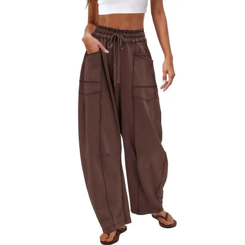Women’s Drawstring Contrast Color Barrel Pants – Wide Leg Baggy Loose Fit Y2K Sweatpants for Spring Summer
