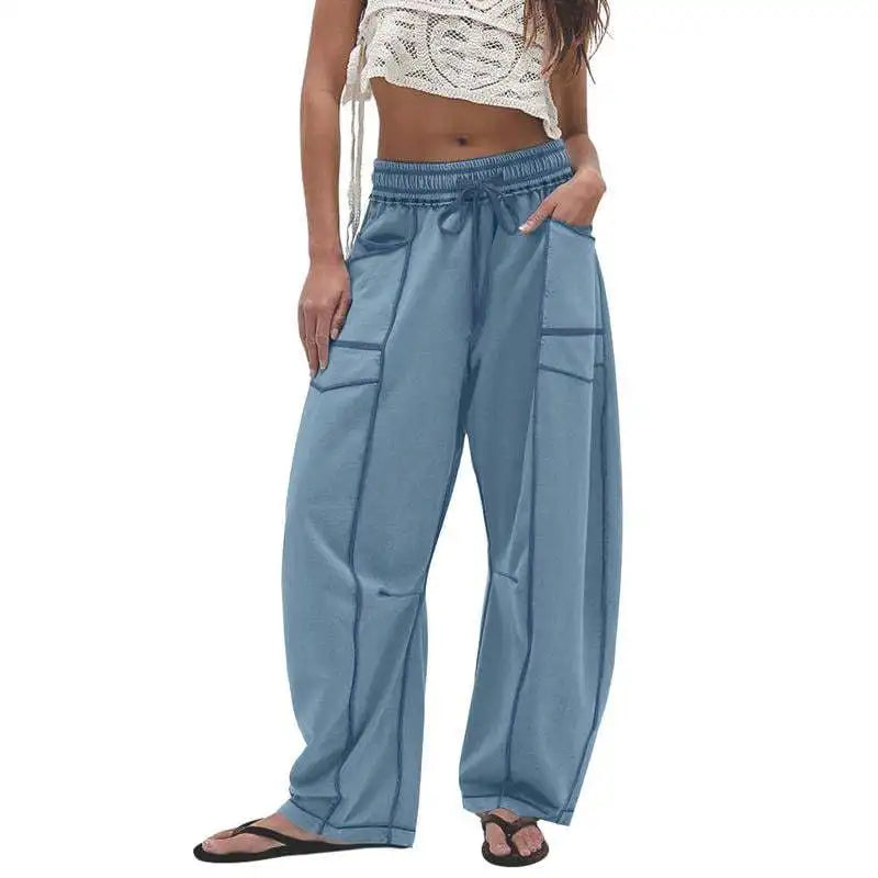 Women’s Drawstring Contrast Color Barrel Pants – Wide Leg Baggy Loose Fit Y2K Sweatpants for Spring Summer
