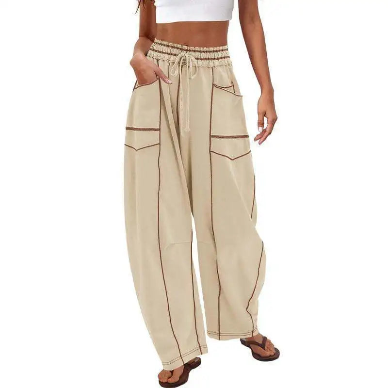 Women’s Drawstring Contrast Color Barrel Pants – Wide Leg Baggy Loose Fit Y2K Sweatpants for Spring Summer