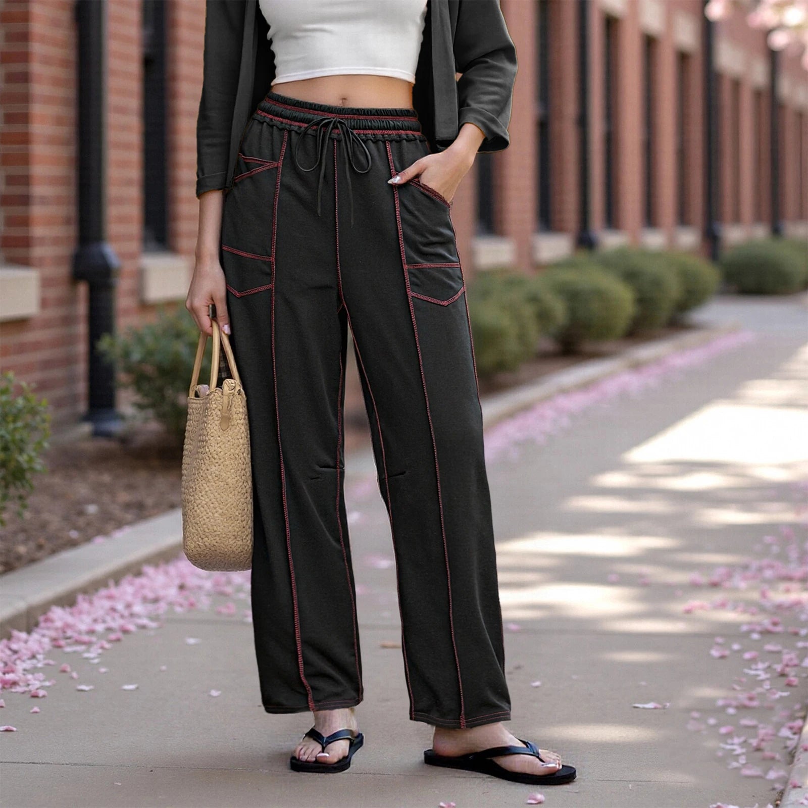 Women’s Drawstring Contrast Color Barrel Pants – Wide Leg Baggy Loose Fit Y2K Sweatpants for Spring Summer